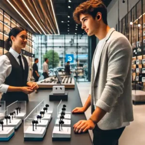 「ワイヤレスイヤホンを選ぶ20代男性とショップ店員、電子機器店内のカジュアルなシーン」