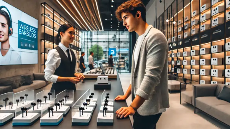 「ワイヤレスイヤホンを選ぶ20代男性とショップ店員、電子機器店内のカジュアルなシーン」