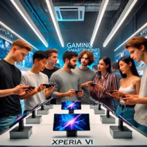 ショップでXperia 1 VIのゲーム性能を競合機種と比較する20代男女