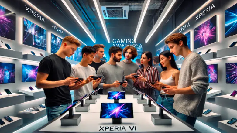 ショップでXperia 1 VIのゲーム性能を競合機種と比較する20代男女