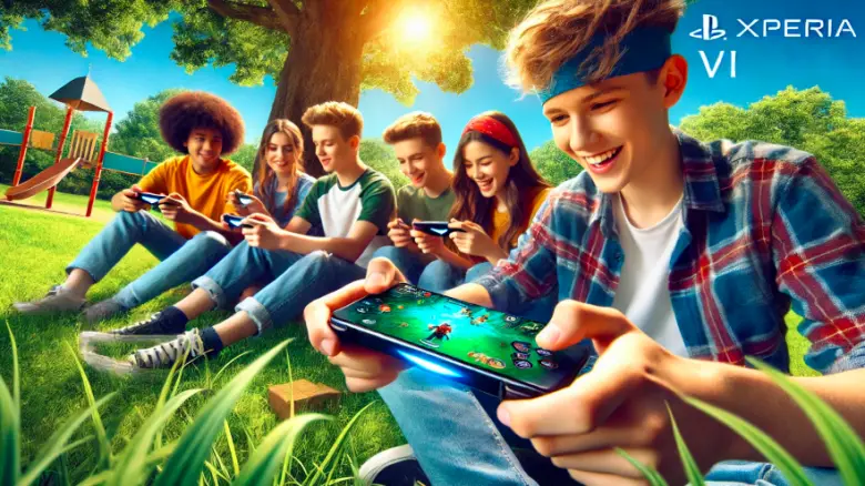 公園でXperia 1 VIを使ってゲームを楽しむ10代の男女