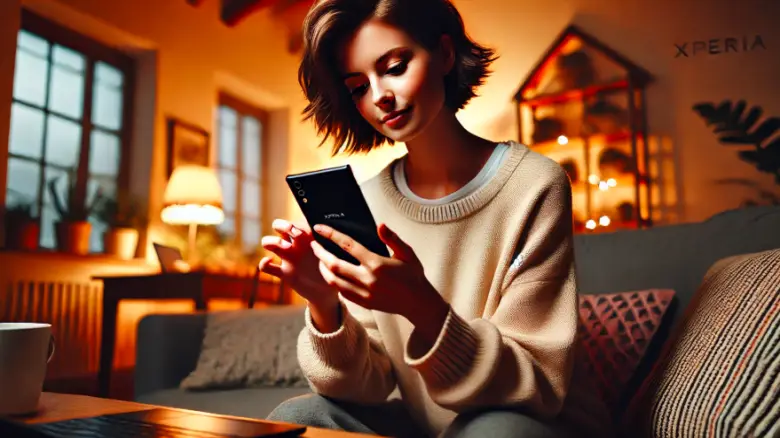 自宅リビングでXperiaのデータ移行を行う20代女性。カジュアルなスタイルでリラックスした雰囲気。