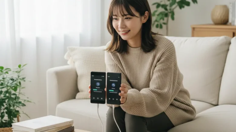 USBケーブルを使ってXperiaのデータ移行を行う女性