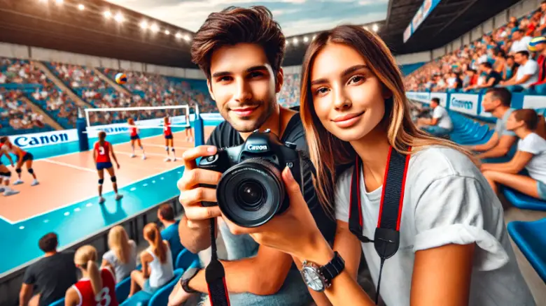 バレーボール大会をCanon EOS R5で撮影する20代男女。スタンドから試合の瞬間を捉えているシーン。