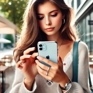 20代の女性がiPhone16を使って消音モードに設定している様子を、明るい都市風景の中で撮影した画像