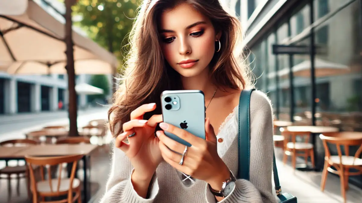 20代の女性がiPhone16を使って消音モードに設定している様子を、明るい都市風景の中で撮影した画像