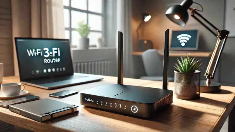モダンでスタイリッシュなバッファロー製Wi-Fiルーターが、ミニマリストなホームオフィスの木製デスクに設置されている。