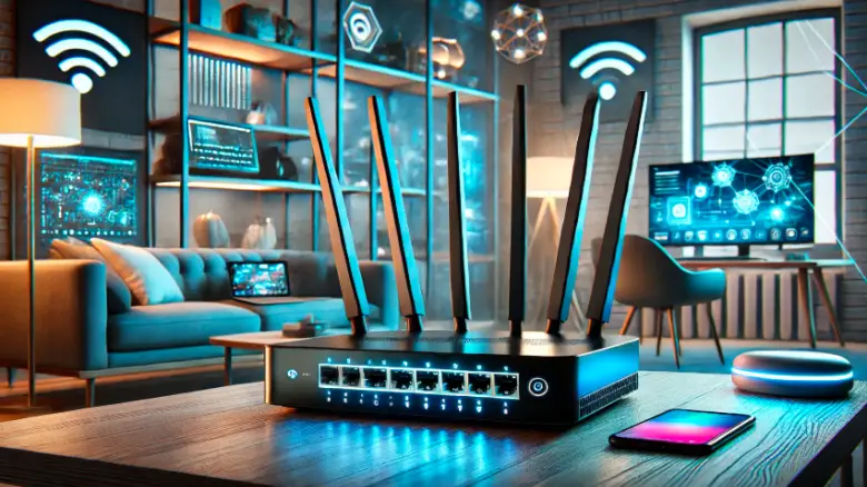 高級Wi-Fiルーターがモダンなテーブルに置かれている様子