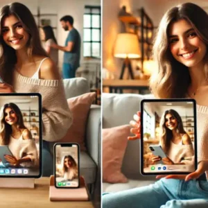 20代女性がiPhoneとiPadで画面ミラーリングをする様子