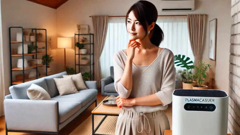 リビングでプラズマクラスターの置き場所を考える30代の日本人女性
