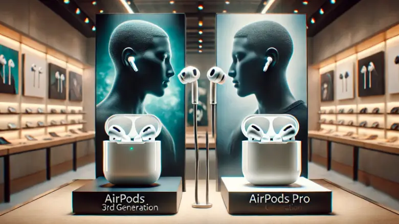 AirPodsシリーズの比較画像。異なるモデルが並べられ、デザインや機能の違いが分かる構成。