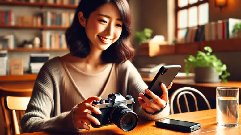 20代の日本人女性がデジカメからスマホに写真を送る様子