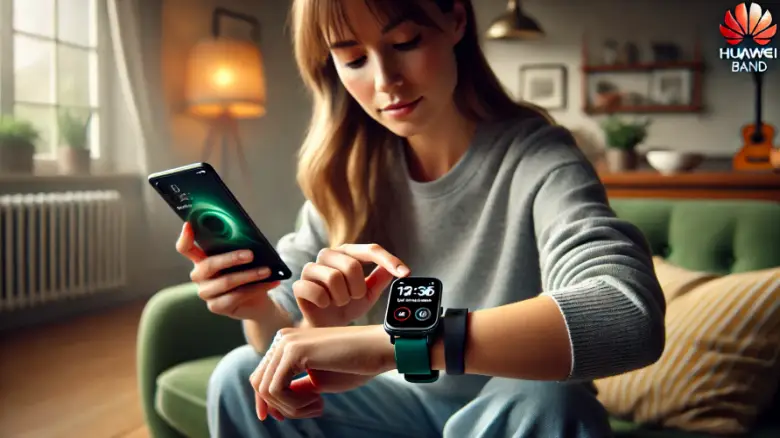 Huawei Band 6のスマートウォッチをスマホとペアリングする30代女性が自宅で操作している様子