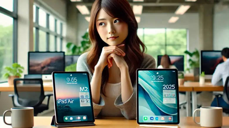 0代女性がオフィスでiPad Air (M2)と2025年版を比較している様子