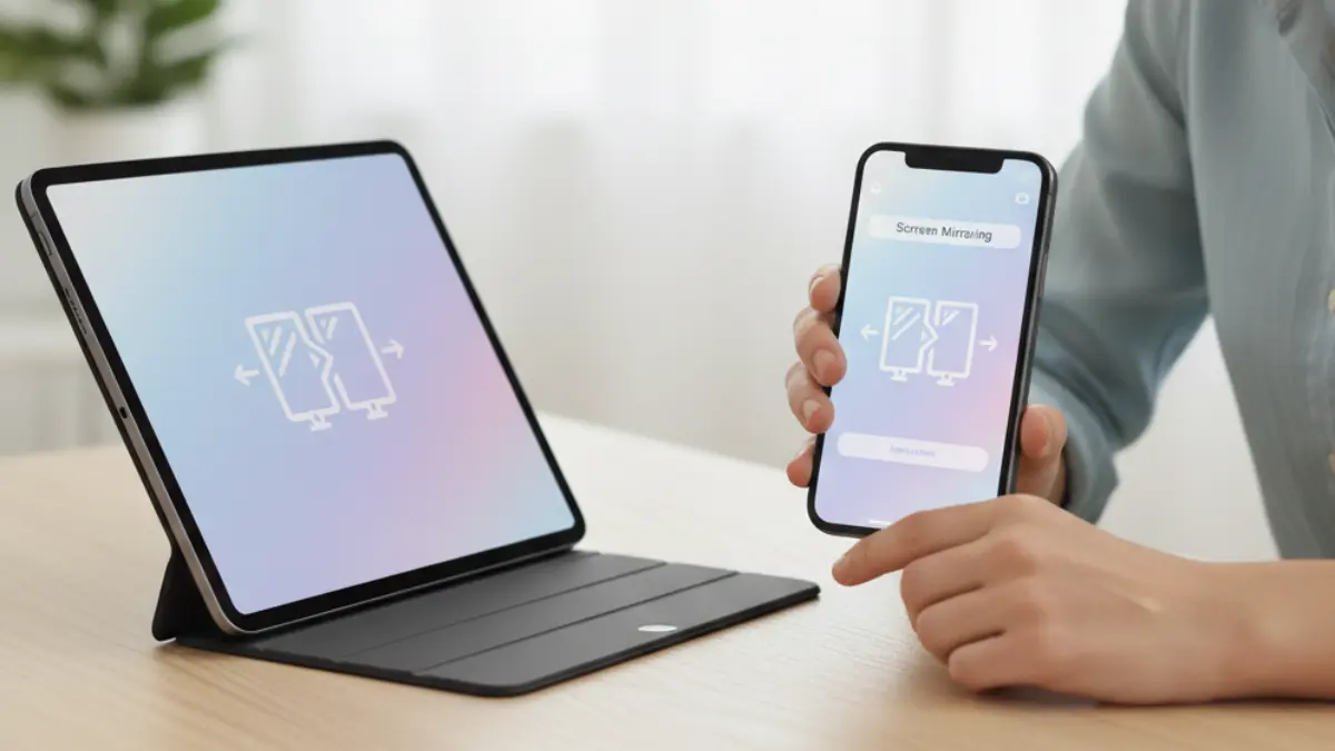 iPhoneを操作しながらiPadへミラーリングを行う手元のイメージ。画面共有の設定手順を表す画像。