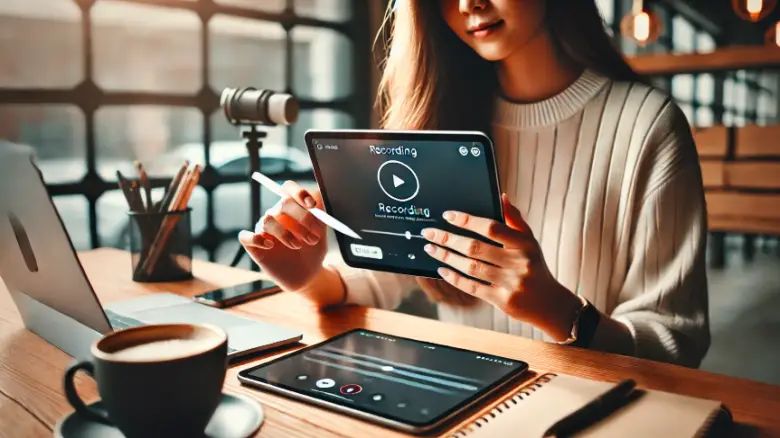 20代の女性がiPadで画面録画をしている様子。タッチ操作をしながら画面を記録している。