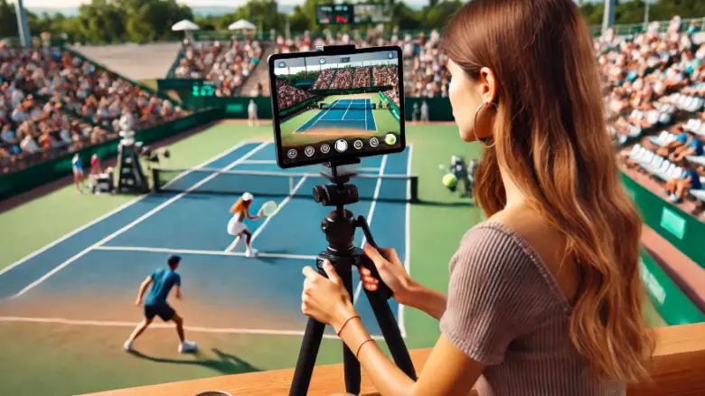 iPadでテニスの試合を録画する20代女性
