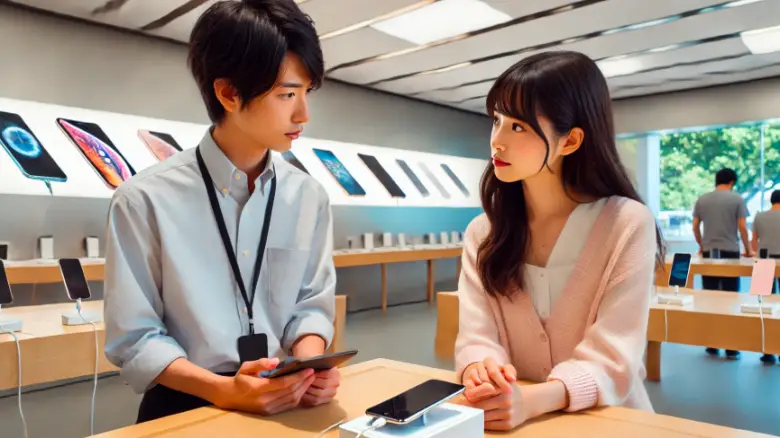 iPhoneのバッテリー交換についてショップで相談する20代の日本人女性