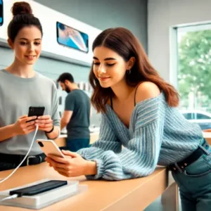 Apple StoreでiPhoneバッテリー交換を相談する20代女性