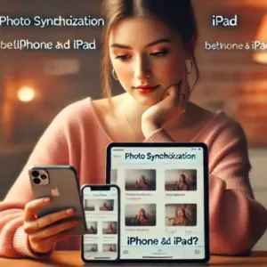 iPhoneとiPadの写真同期について質問を読んでいる20代女性