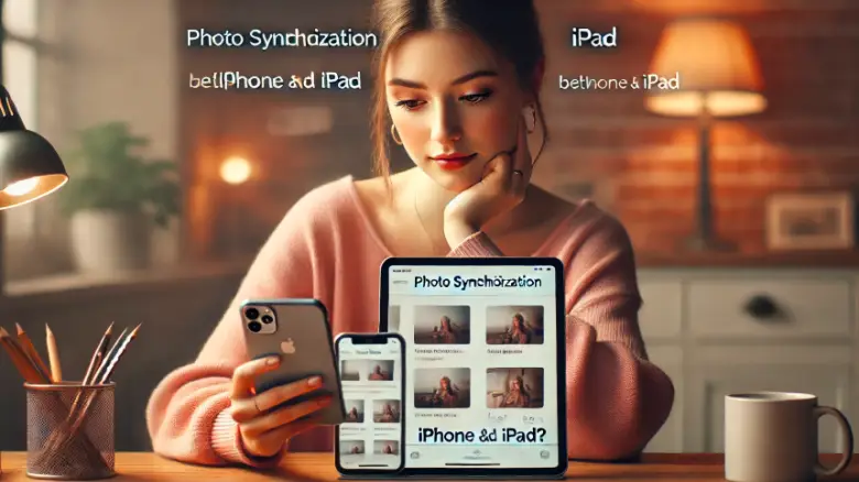iPhoneとiPadの写真同期について質問を読んでいる20代女性