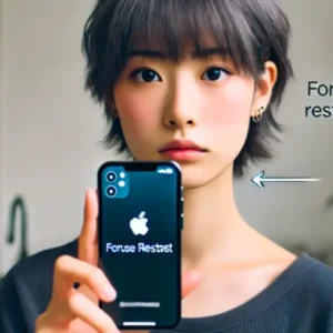 iPhone 16の強制再起動ができず悩む20代の日本人ハーフ女性（ショートカット）