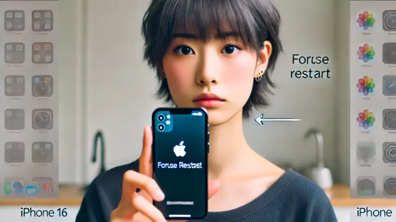 iPhone 16の強制再起動ができず悩む20代の日本人ハーフ女性(ショートカット)