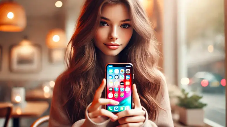 iPhone16のホーム画面を見ている20代女性のイメージ画像
