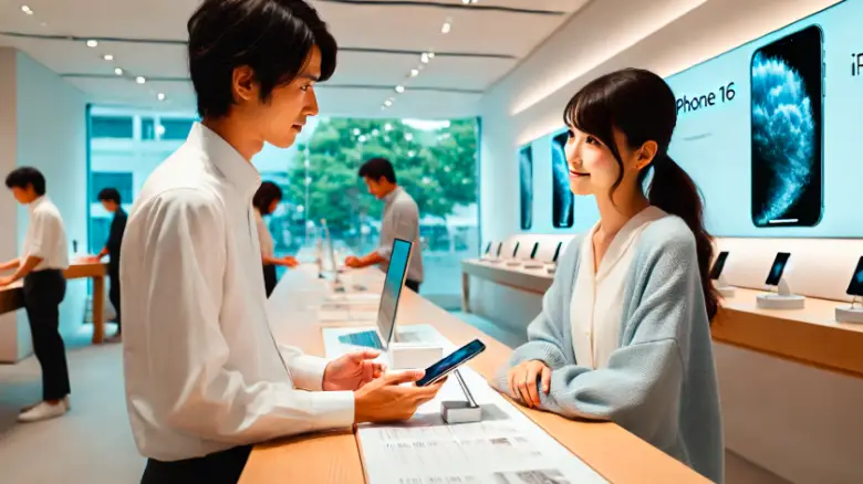 20代の女性がiPhone16の買取についてショップで相談している様子