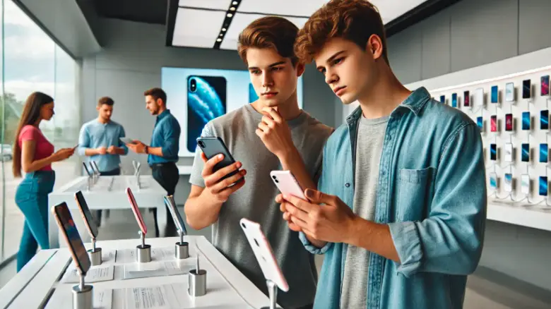 20代の男女がスマホショップでiPhone 16とiPhone SEの購入を悩んでいる様子