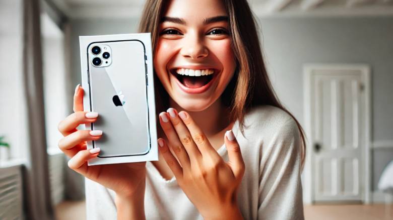 20代の女性がiPhone16eを手に持ち、笑顔で喜んでいる様子