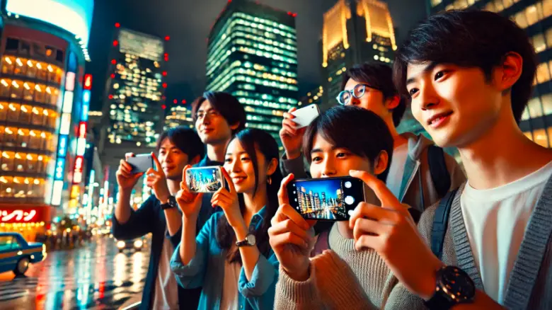 iPhone 17で夜景を撮影する20代の男女が楽しんでいる様子