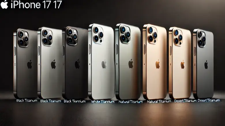 iPhone 17 Proのカラーバリエーション(ブラックチタニウム、ホワイトチタニウム、ナチュラルチタニウム、デザートチタニウム)が並ぶスタジオ撮影画像