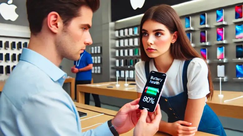 AppleショップでiPhoneのバッテリー交換について相談する20代女性