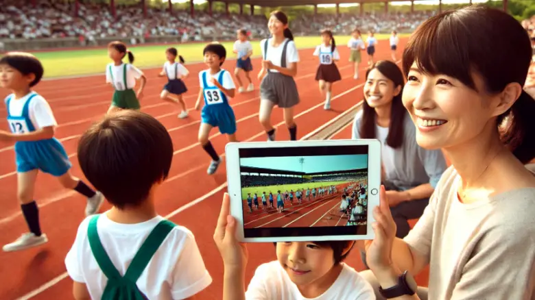 日本人の家族が運動会でiPadを両手で持ち、子供の競技を撮影している様子