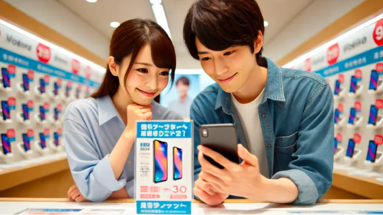 楽天モバイルショップでキャンペーンを確認する20代の日本人男女
