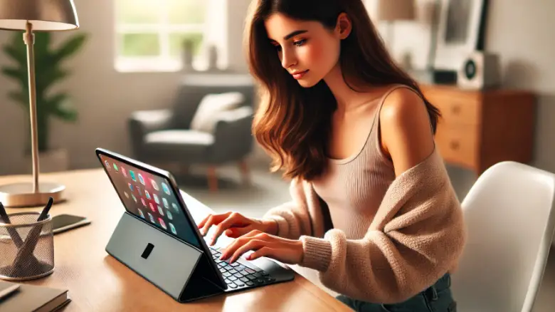 Magic Keyboardを使用してパソコンのようにiPadを操作する20代女性