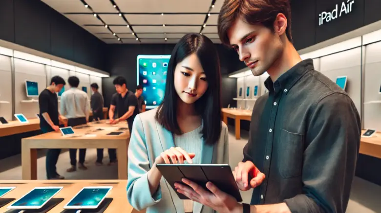 新型iPad Airを手にする日本人女性とアメリカ人男性がショップで会話している様子