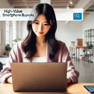 20代の日本人女性がスマホ買取サービスをWEBで探している様子