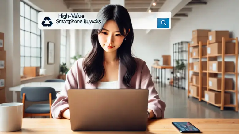 20代の日本人女性がスマホ買取サービスをWEBで探している様子