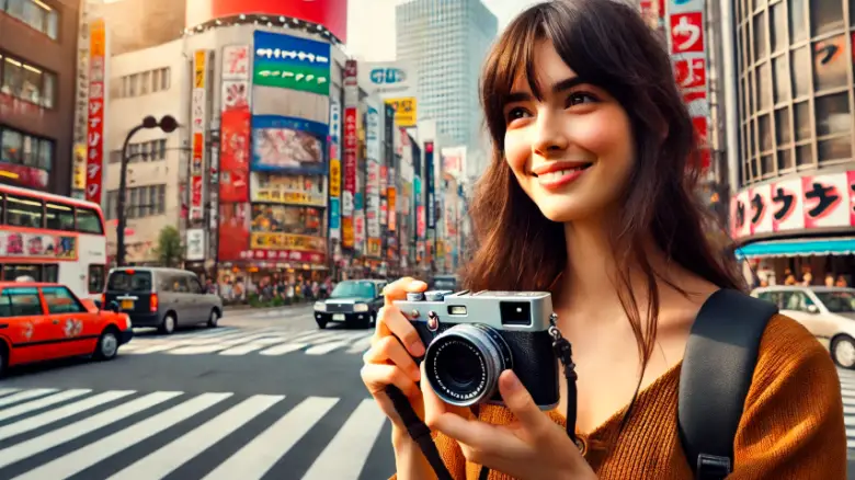富士フイルムX-A7を持つ20代アメリカ人女性が東京の街並みを撮影する様子