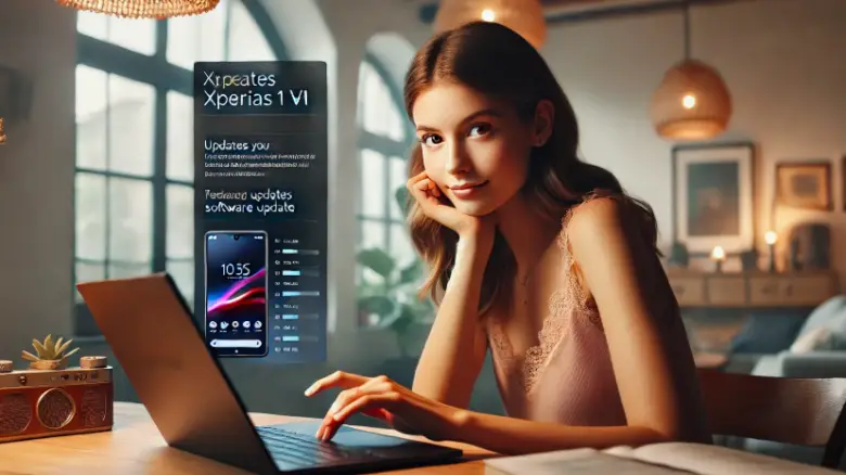 20代の女性が自宅のパソコンでXperia 1 VIのアップデート情報を調べている様子。スクリーンにはスマートフォンの技術的な詳細が表示され、集中した表情でリサーチを行っている。