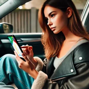 20代女性が車内でGoogleマップを使用して通勤している様子