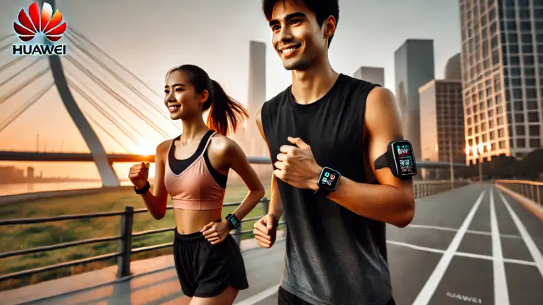 HUAWEIのスマートウォッチを付けてランニングする20代の男女
