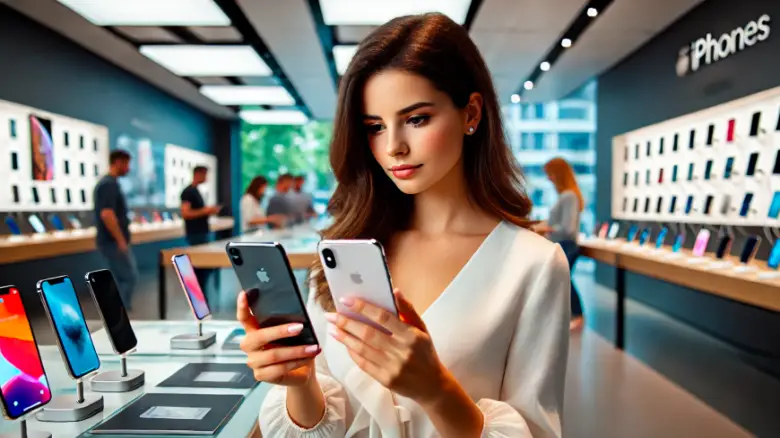 iPhoneを比較している20代女性がスペック表をチェックする様子