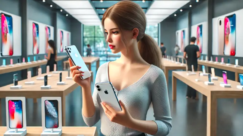 iPhoneを比較する20代女性がスマホショップで端末を手に取っている様子