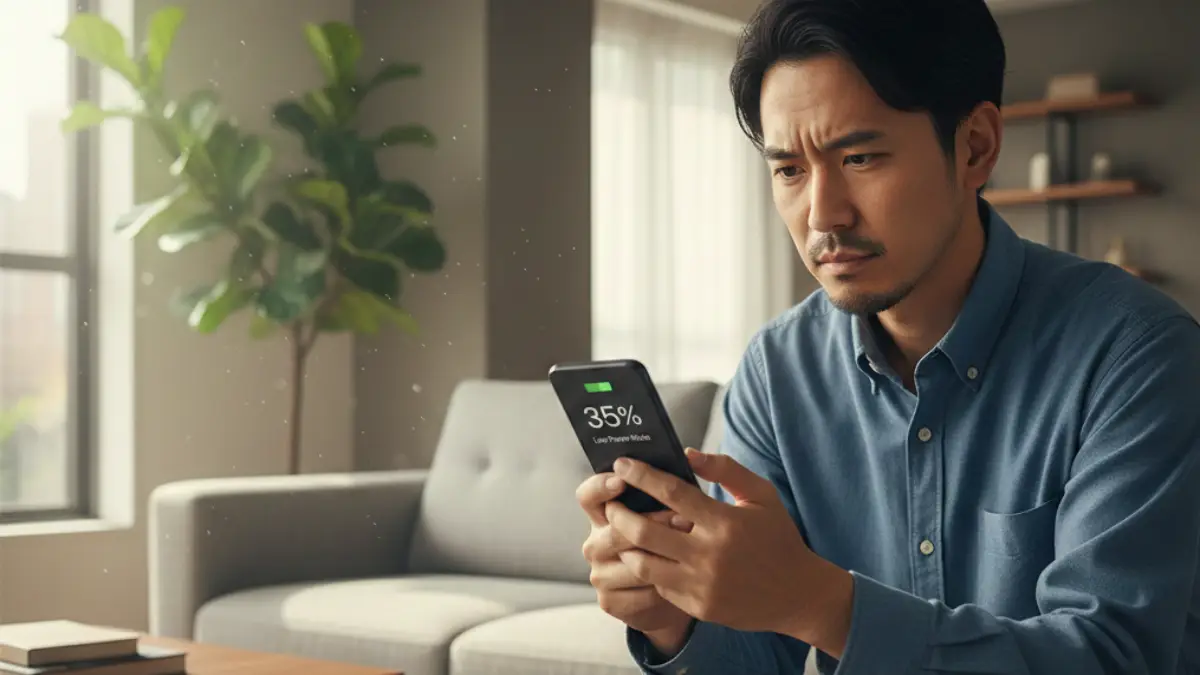 iPhone16のバッテリー持ちが悪いと感じる場面 午後にiPhone16のバッテリー残量が減って困っている男性の様子