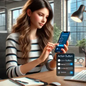 iPhone16のアクションボタン設定をカスタマイズする20代女性（オフィス）