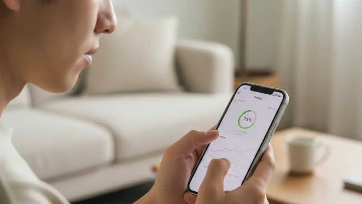 iPhone16eのバッテリー容量を確認する iPhone16eのバッテリー容量を設定画面で確認している人物のイメージ