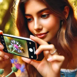 iPhone 16 Proでマクロ撮影を楽しむ20代女性のイメージ